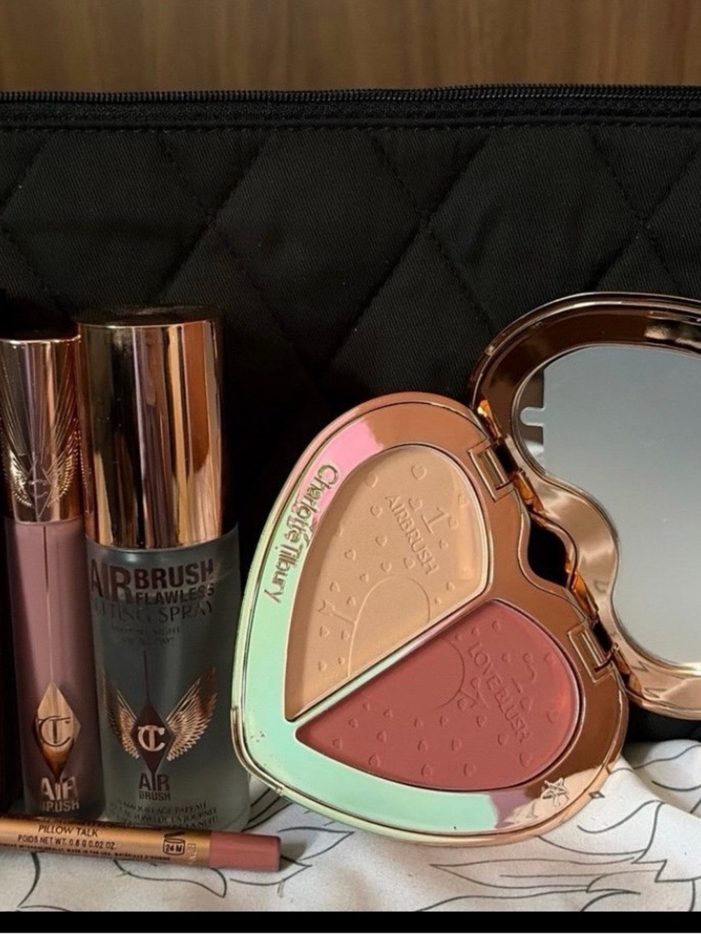 Charlotte Tilbury Bundle. Pink & Peach Heart Cheek Duo Compact. Setting Spray